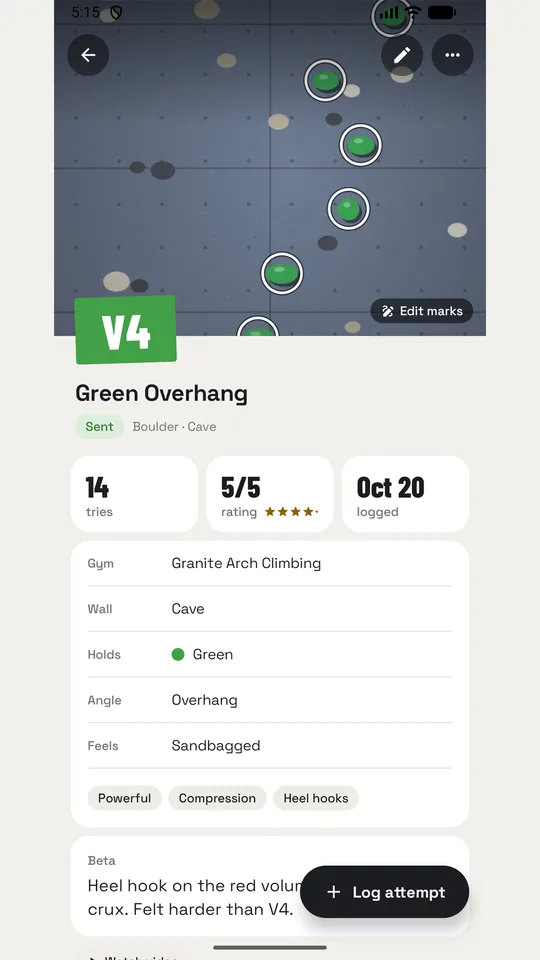 Climb detail with photo, circled holds, tries, rating and beta